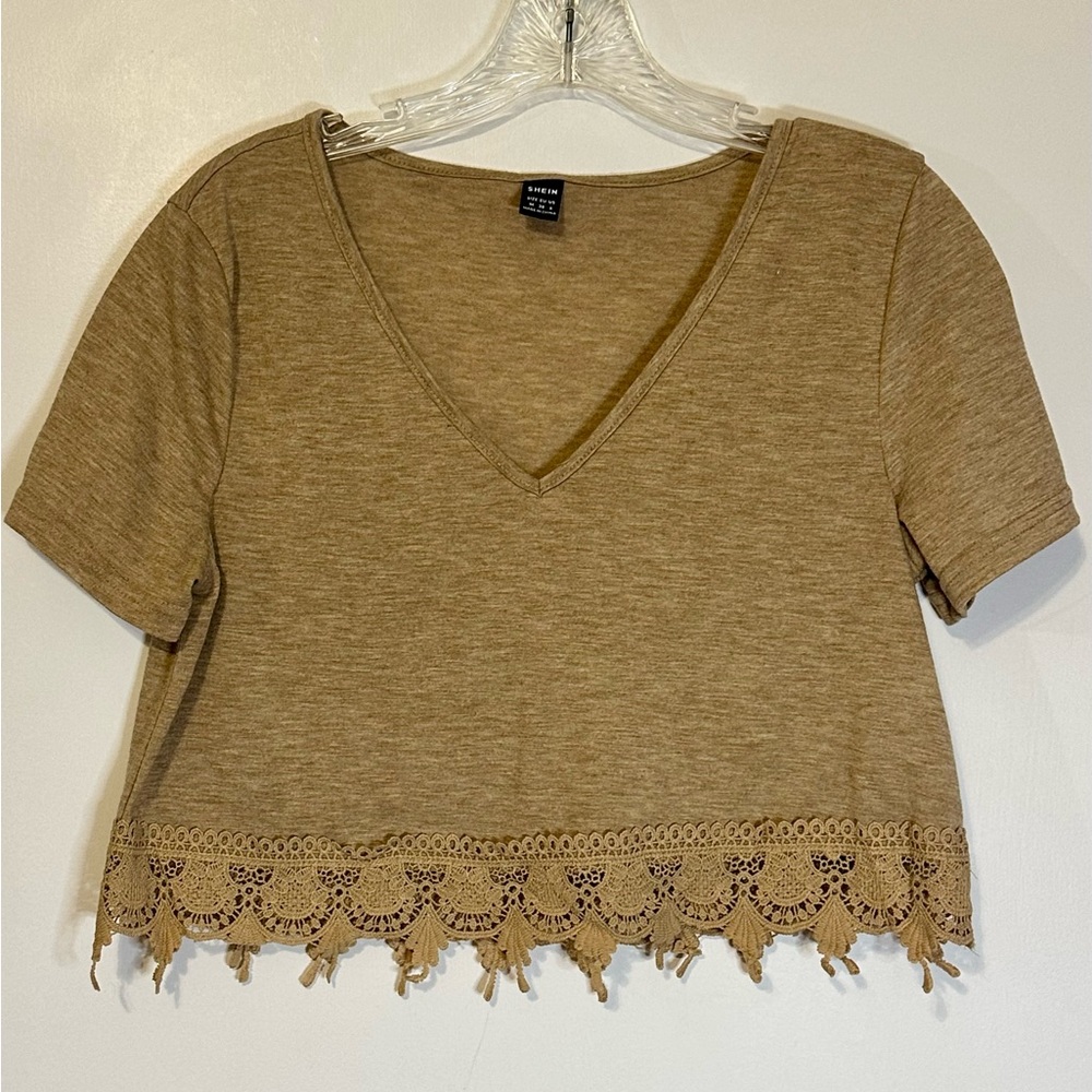 SHEIN Cropped Top Women’s Size Medium Brown Tan Embroidered‎ Lining Lightweight